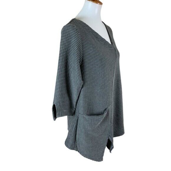 Niche Nilgun Derman Gray Striped Textured Tunic Top Asymmetric Hem Pocket Small - Picture 3 of 6